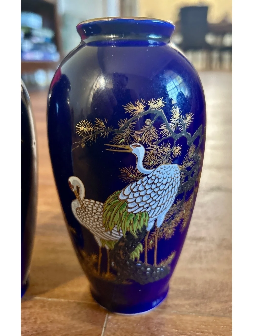 Pair of Vintage Blue Ceramic Vases with Crane Bird Design from Japan